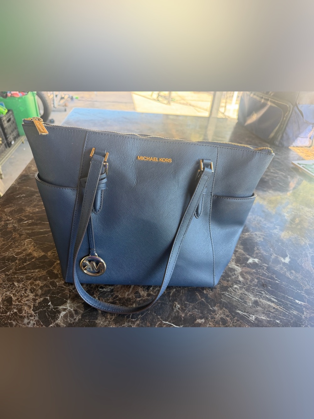 Michael Kors Navy Saffiano Tote with Gold Hardware